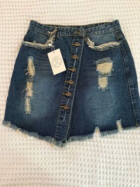 Floral Blooming Classic Distressed Dark Blue Denim Button-Front Skirt